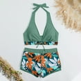 thumbnail image 4 of up to 30% off Usmixi Swimsuits for Women 2 Piece Tie High Waist Tummy Control Swimsuits Bathing Suits Sleeveless V-Neck Leaves Print Swimwears Bikini Sets Army Green S Up to 65% off, 4 of 7