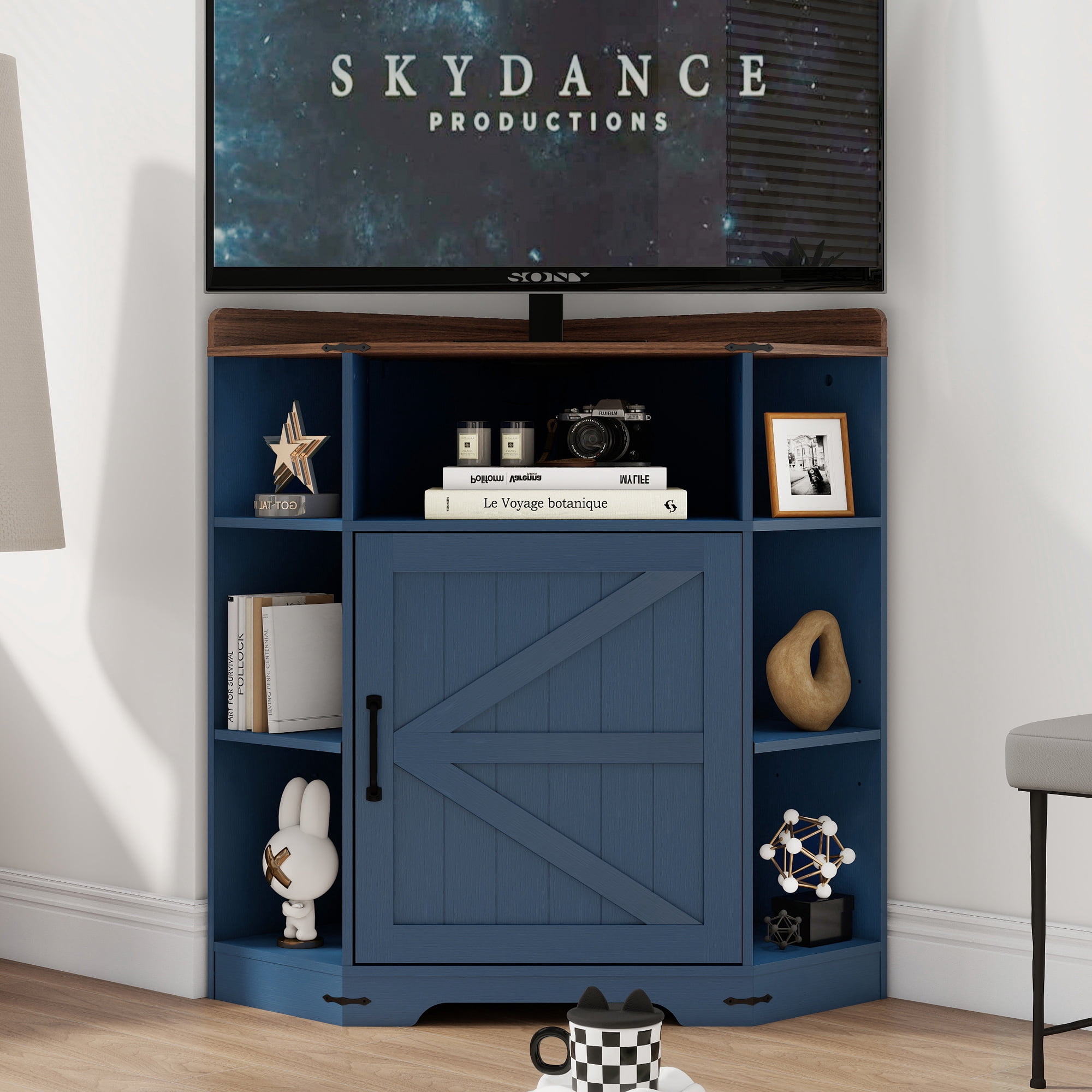 Corner Storage Shelf Cabinet with USB Ports and Outlets, 6-Cubby Wooden Bookshelf and Display Organizer for Small Spaces and Study, Blue and Brown