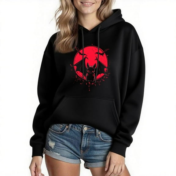 Halloween Graphic Hoodies for Women Bat Cotton Sweatshirt Long Sleeve Hooded Pullover Tops Streetwear S