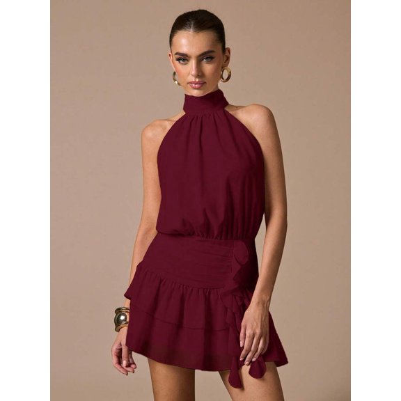 Burgundy Sleeveless High-Neck Ruffle Hem Mini Sundress, Elegant Fit For Parties, Dates, Summer Events
