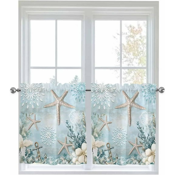 Teal Ocean Coastal Half Window Curtains 24 Inches Long, Summer Beach Window Treatment Curtain Drapes, Nautical Coral Starfish Short Window Tiers for Laundry Room Over Sink, 27.5"x24", 2 Panels