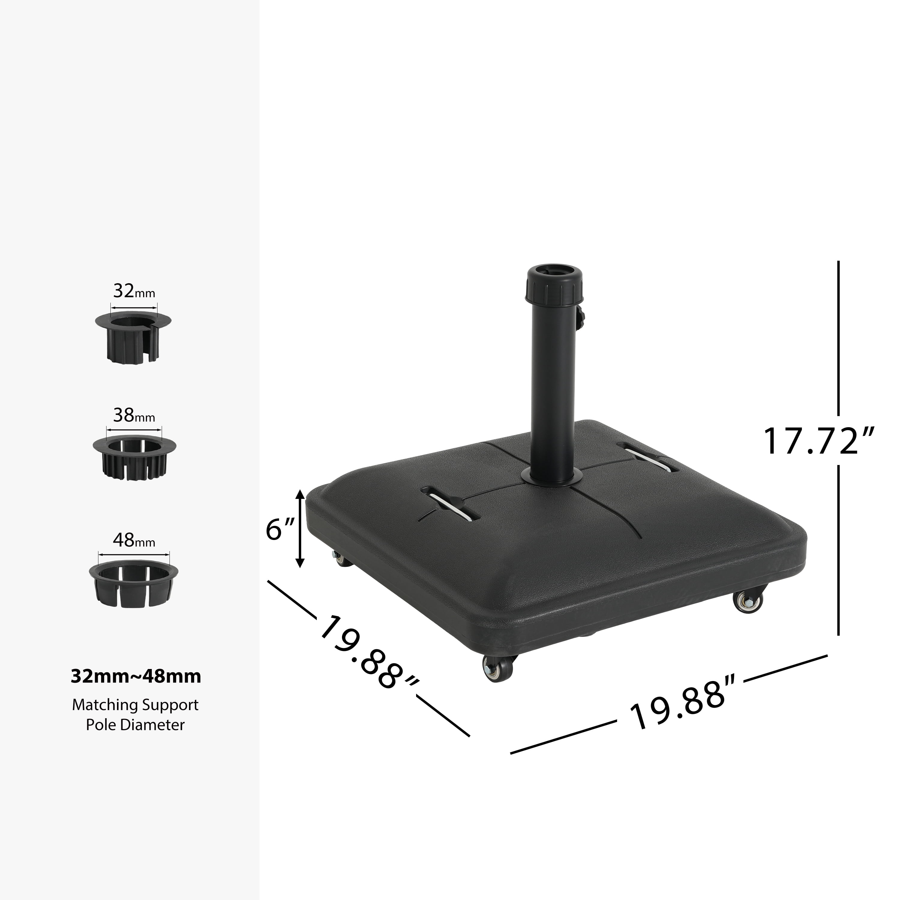 Umbrella Base 90 Pound Square with Concrete Fill and Resin Shell, Heavy Duty Patio Umbrella Stand with Wheels for Outdoor Shade, Black