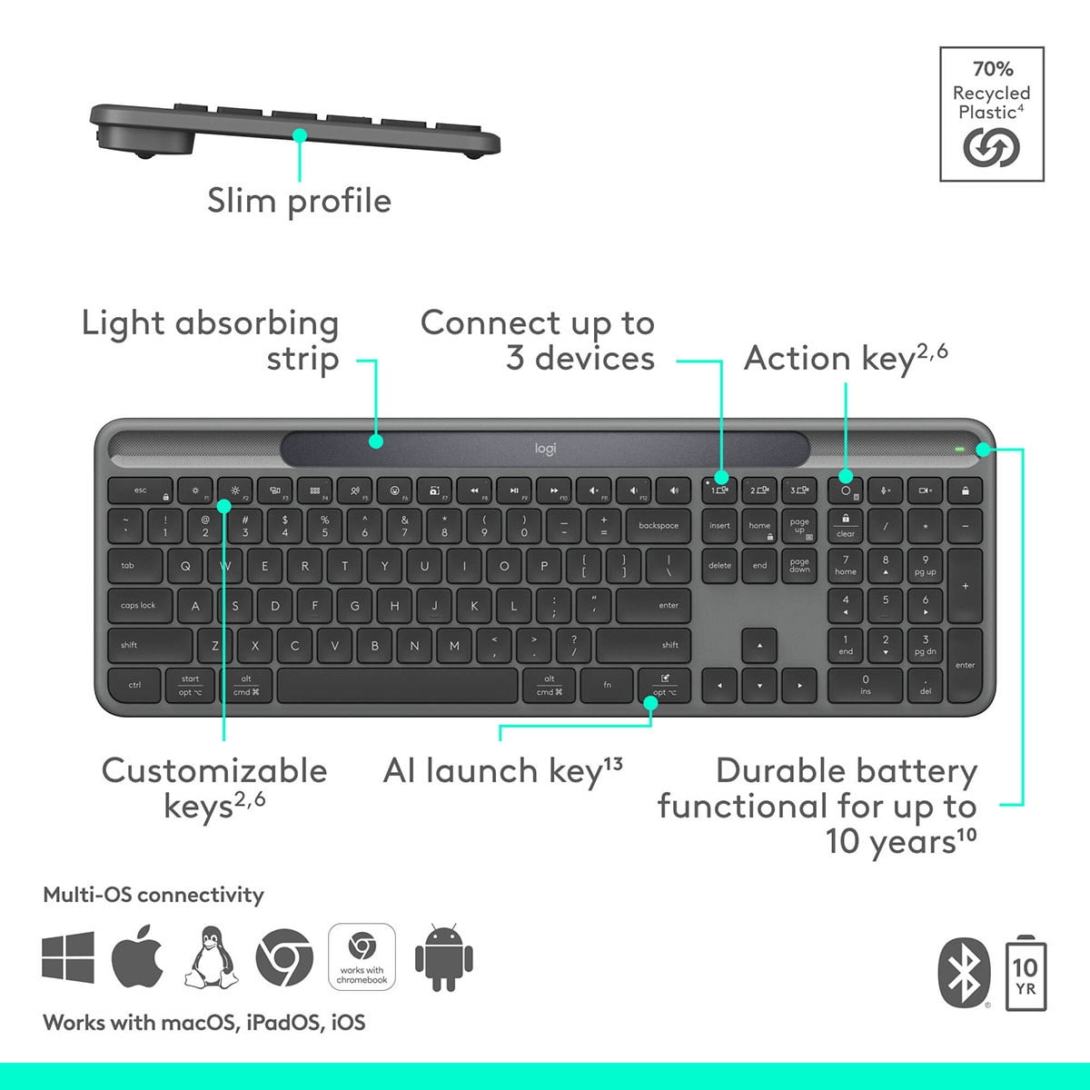 Logitech Signature Slim Solar+ K980 Wireless Keyboard, Graphite