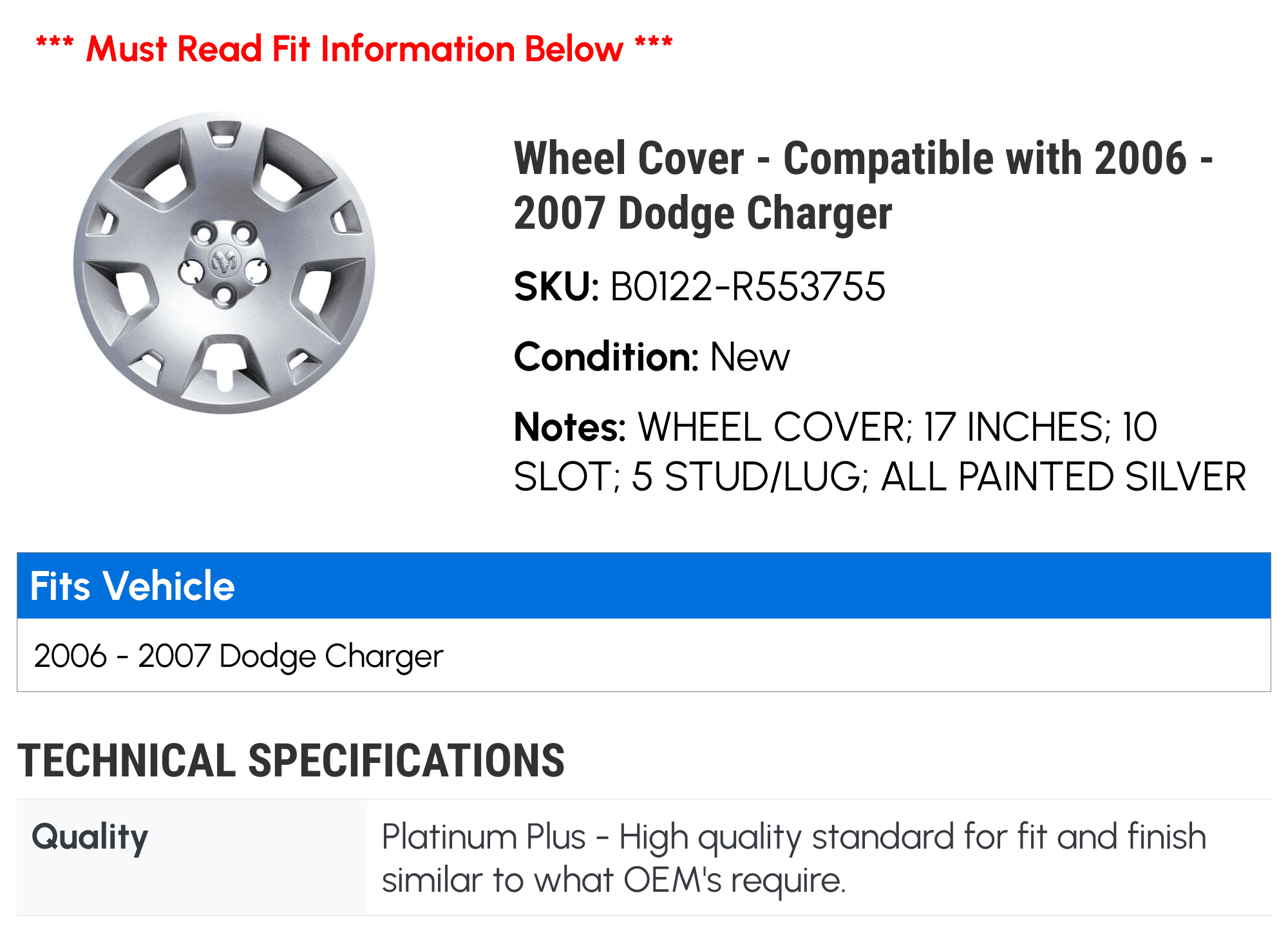 Wheel Cover - Compatible with 2006 - 2007 Dodge Charger