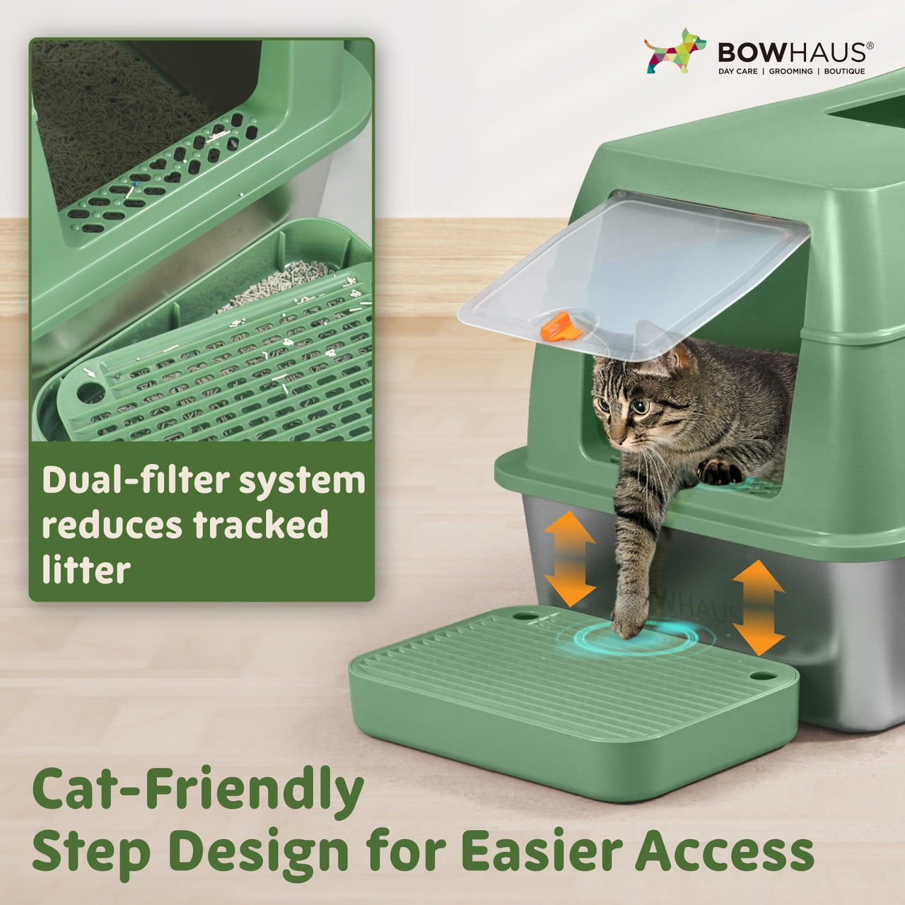 CAPHAUS XL 3 in 1 Enclosed Stainless Steel Cat Litter Box w/ Lid, Extra Large High Sided Metal Cat Litter Pan, High Sided Steel Litter Box w/ Scoop, Odor Control, Easy Clean & Anti-Leakage, Beige