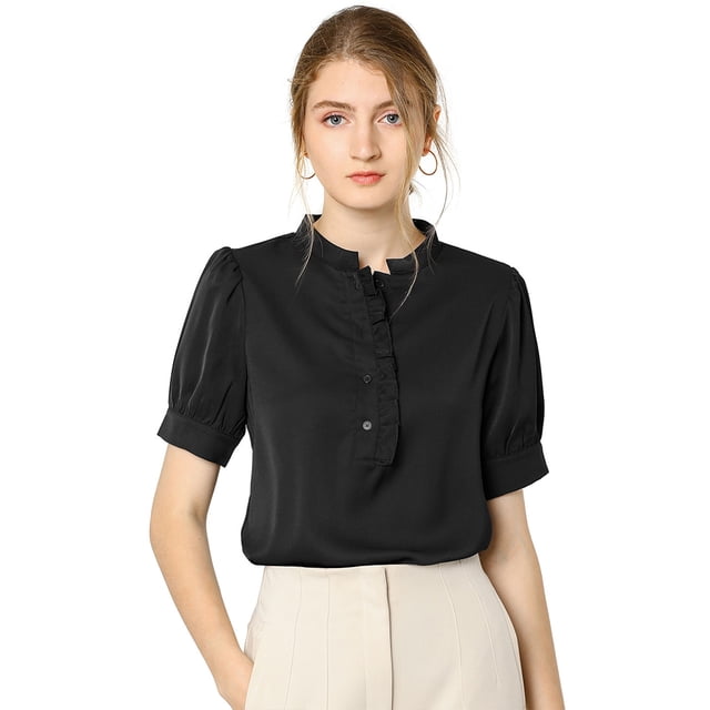 Blusa de trabajo Allegra K con cuello redondo mangas cortas Tapeta medio botón volantes mujer Negro S