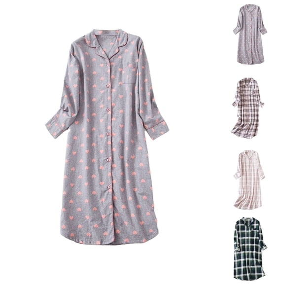 BWASD Women Nightgown Cotton Oversize Pajamas Long Sleeve Button Down Sleepshirt Breathable Soft Nightdress Casual House Dress Ladies Summer (Dark Gray L)