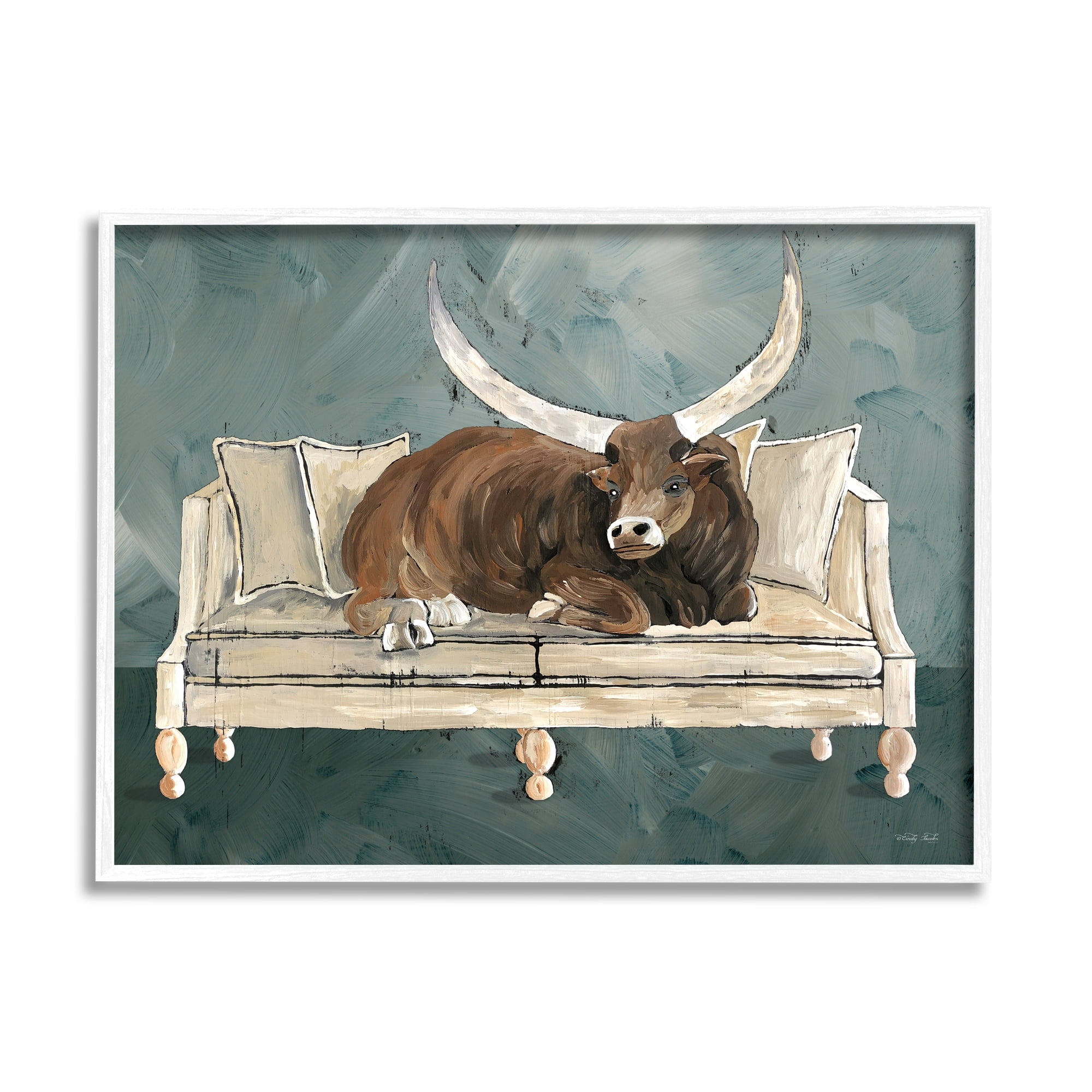 Stupell Industries Longhorn Bull Laying Living Room Couch Green Gray, 14 x 11, Design by Cindy Jacobs