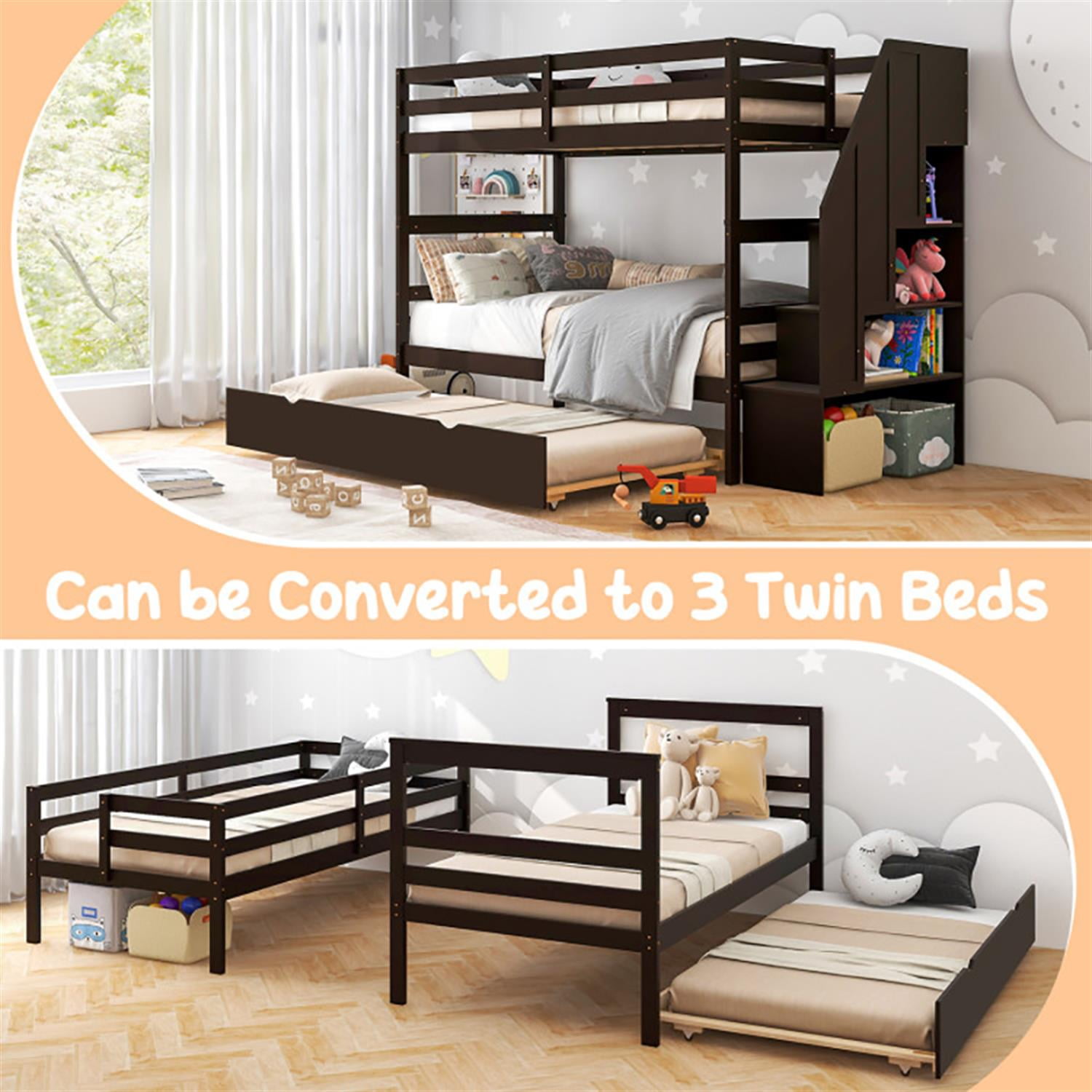 Demi Bonn Home Wood Bunk Bed with Guard Rail and 4-step Storage Stairs, Twin Bunk Beds, No Box Spring Needed, Brown
