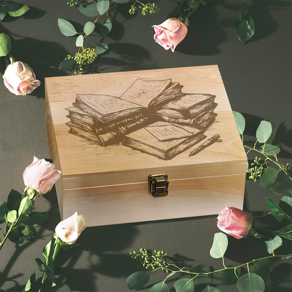 Book and Pen Theme Wooden Memory Keepsake Box Metal Knot Box with Hinged Lid and Lock Decorative Storage Box Stash Box for Photo Letter Souvenir Jewelry 7.6x9.6x4inch(19.5x24.5x10.3cm) BurlyWood