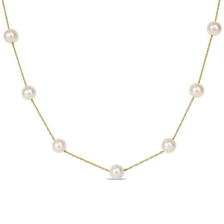10k Yellow Gold White Freshwater Pearl Tin Cup Necklace (7.5-8 MM)