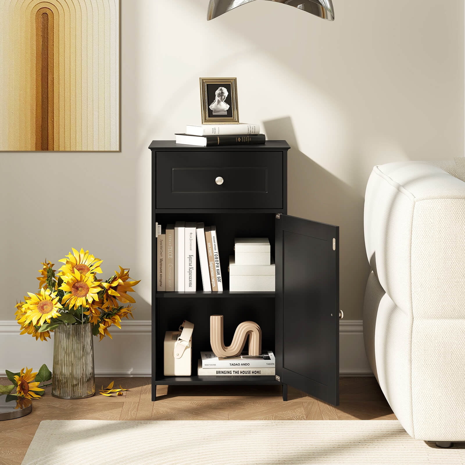 Costway White Floor Storage Cabinet Bathroom Organizer Cupboard Drawer Shelf Bath Towel Black