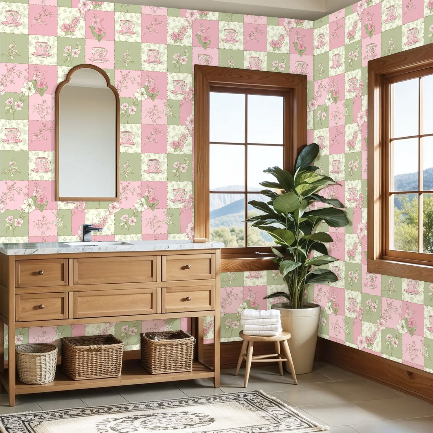 Sage Green Peel and Stick Wallpaper Pink Green Floral Tea Cups Botanical Design Wall Mural 23.6in x 9.8ft Self Adhesive Removable Wall Paper Renter Friendly Wallpaper for Girls Bedroom Livingroom