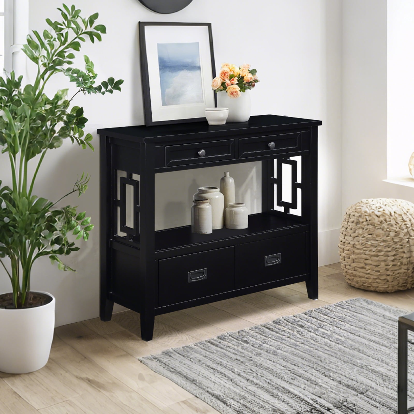36'' Farmhouse Console Table,Pine Wood Entryway Table with 4 Drawers & 1 Storage Shelf for Entryway Living Room Hallway Kitchen (Black)