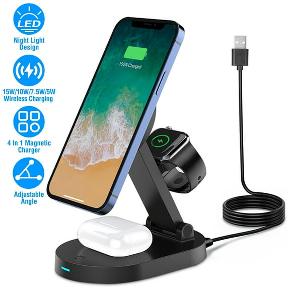 4 in 1 Magnetic Wireless Charger Station Dock, TeqHome 15W Foldable Fast Charging Stand Compatible for iPhone 13 12 Series, iWatch 7/6/5/4/3/2, Airpods 3/2/Pro