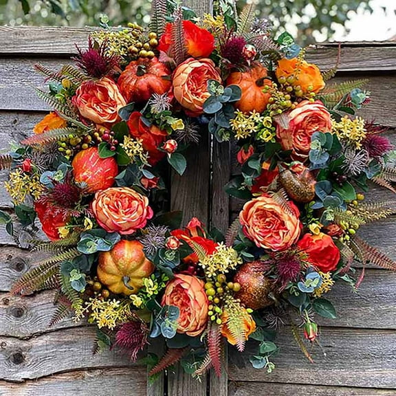 15.7in Fall Peony and Pumpkin Wreath - Year Round Wreath, Artificial Fall Wreath, Autumn Front Door Wreath Thanksgiving Wreath for Home Farmhouse Decor and Festival Celebration