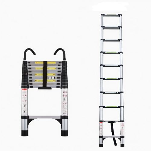 Telescopic ladder, 9.5 foot aluminum button telescopic ladder with 2 triangular stabilizers and hooks, multi-purpose ladder, maximum load-bearing capacity of 330 pounds