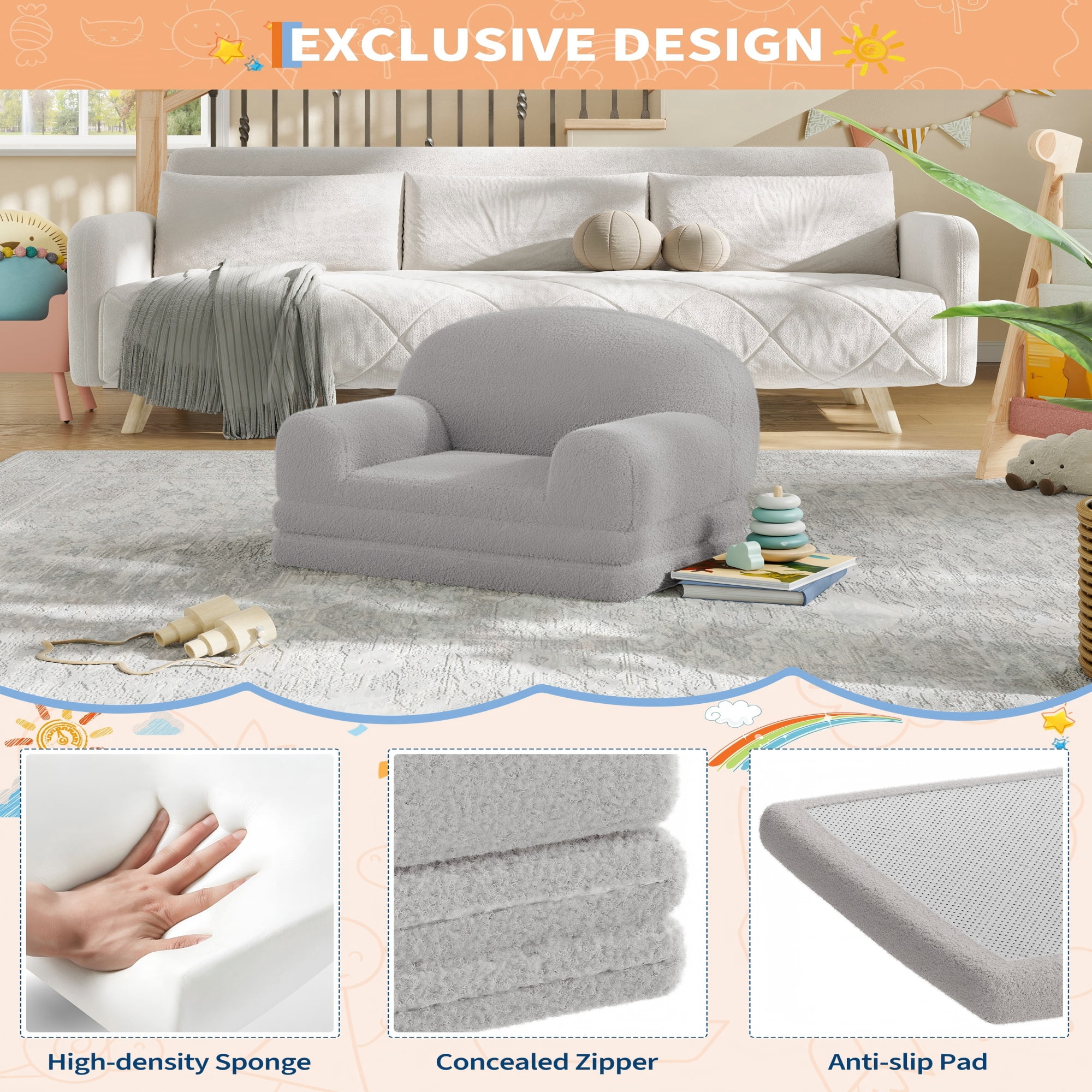 COZONY 2-in-1 Kids Sofa Chair, Convertible Toddler Couch Lounger, Fold-Out Teddy Fleece Sofa Bed