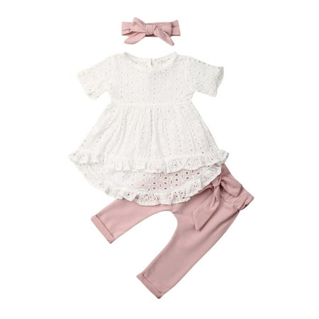 

3 Pcs Infant Baby Girls Spring Summer Outfit Sets Long Sleeve Lace Ruffle Irregular Dress Shirt Tops+Bowknot Pants