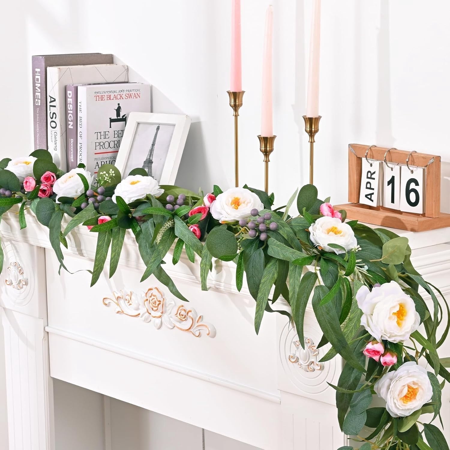 Lyacmy 12Ft Artificial Rose Flower Garland Greenery, Fake Silk Camellia Rose Vine Hanging Rose for Wedding Party Mantle Backdrop Room Decor