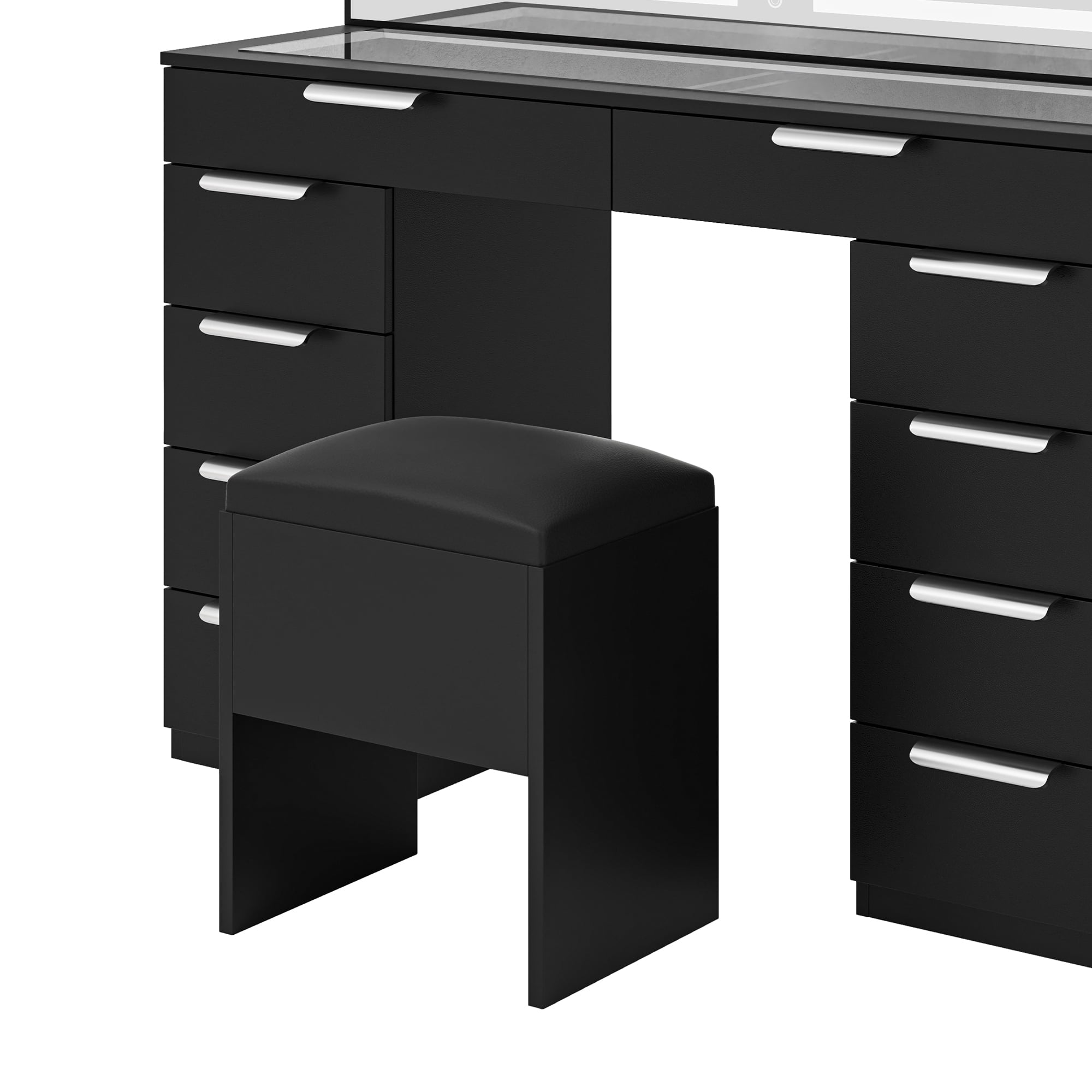 Uforic 10-Drawer Makeup Vanity Dresser with LED Light Strip, Extra-Large Mirror, Power Hub and Hair Dryer Rack, Storage Bench, Black