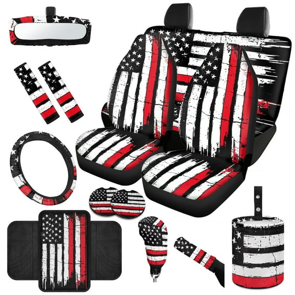 Jeiento American Honoring Firefighter Flag Car Accessories Set of 14 Car Seat Covers Steering Wheel Cover Seatbelt Pads Auto Armrest Cover Handbrake Cover Rearview Mirror Cover Trash Can Coasters