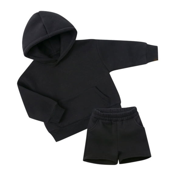AWZXDE Boys Set Daily Casual Loose Solid Pocket Hooded Sweatshirt Shorts 2-Piece Outfit for Kids Boys Outfits Black,5-6 Years