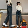 thumbnail image 2 of MKOSPLRT Fleece Lined Jeans for Girl 4-14Y High Elastic Waist Warm Denim Pants Thick Straight Leg Jeans Retro Jeans with Pocket, 2 of 10