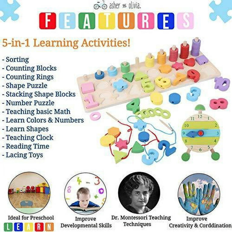 Montessori Fine Motor Skill Toys - Math Wooden Number Shape Set with  Learning Clock and Lacing Beads Montessori Toy for Toddlers 3 4 5 year old  Preschool Learning Toys, Sorting Stacking Co 