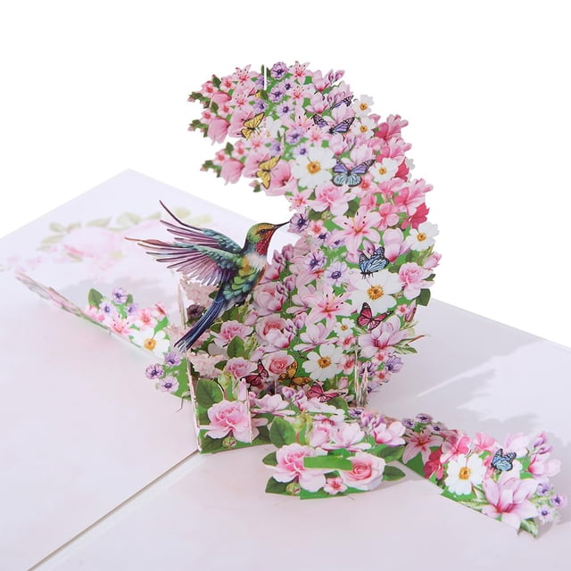Tarjeta de felicitación emergente 3D FIAMR con diseño floral de colibrí