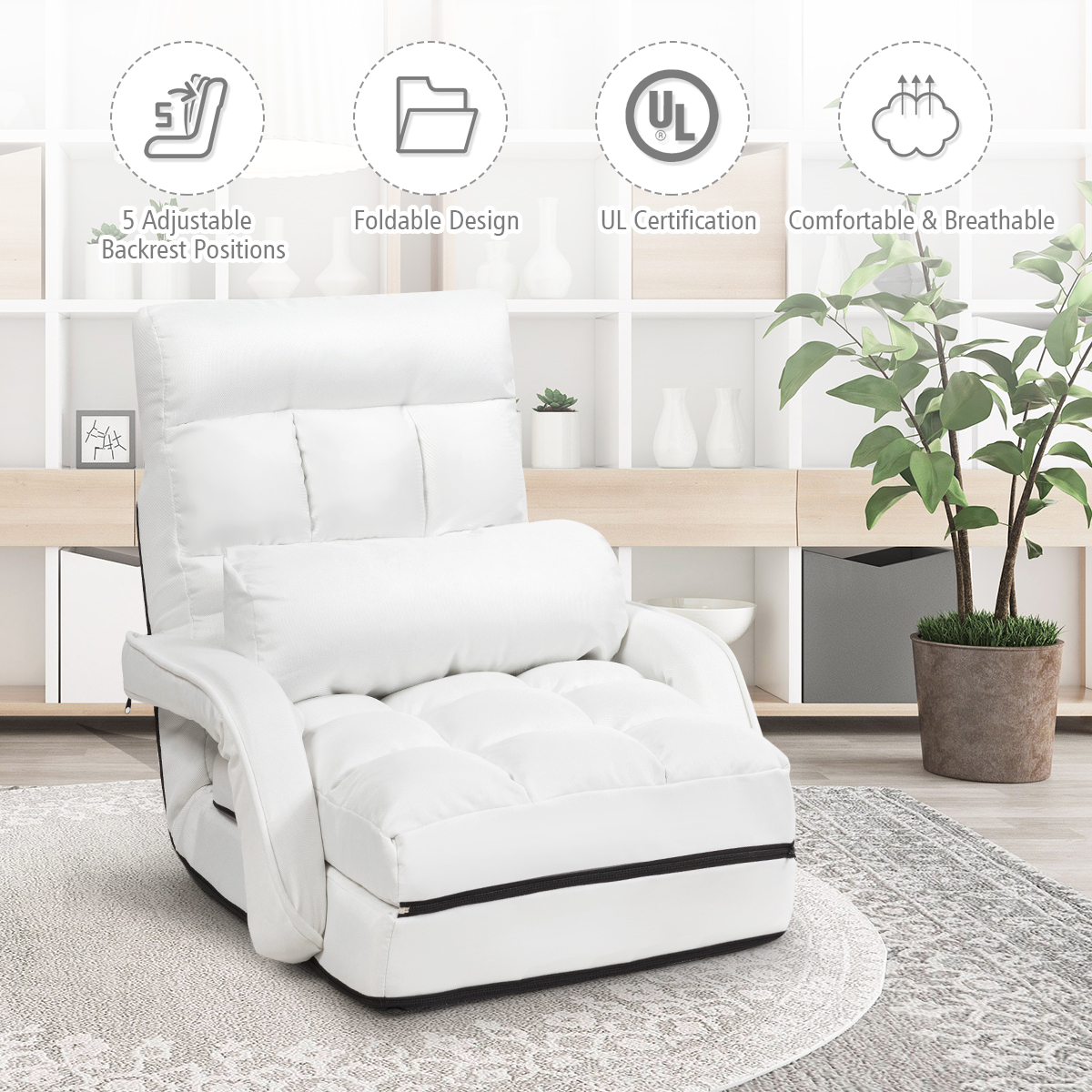 Costway Folding Floor Single Sofa Massage Recliner Chair W/ a Pillow 5 Adjustable Backrest Position Leisure Lounge Couch White - image 5 of 10