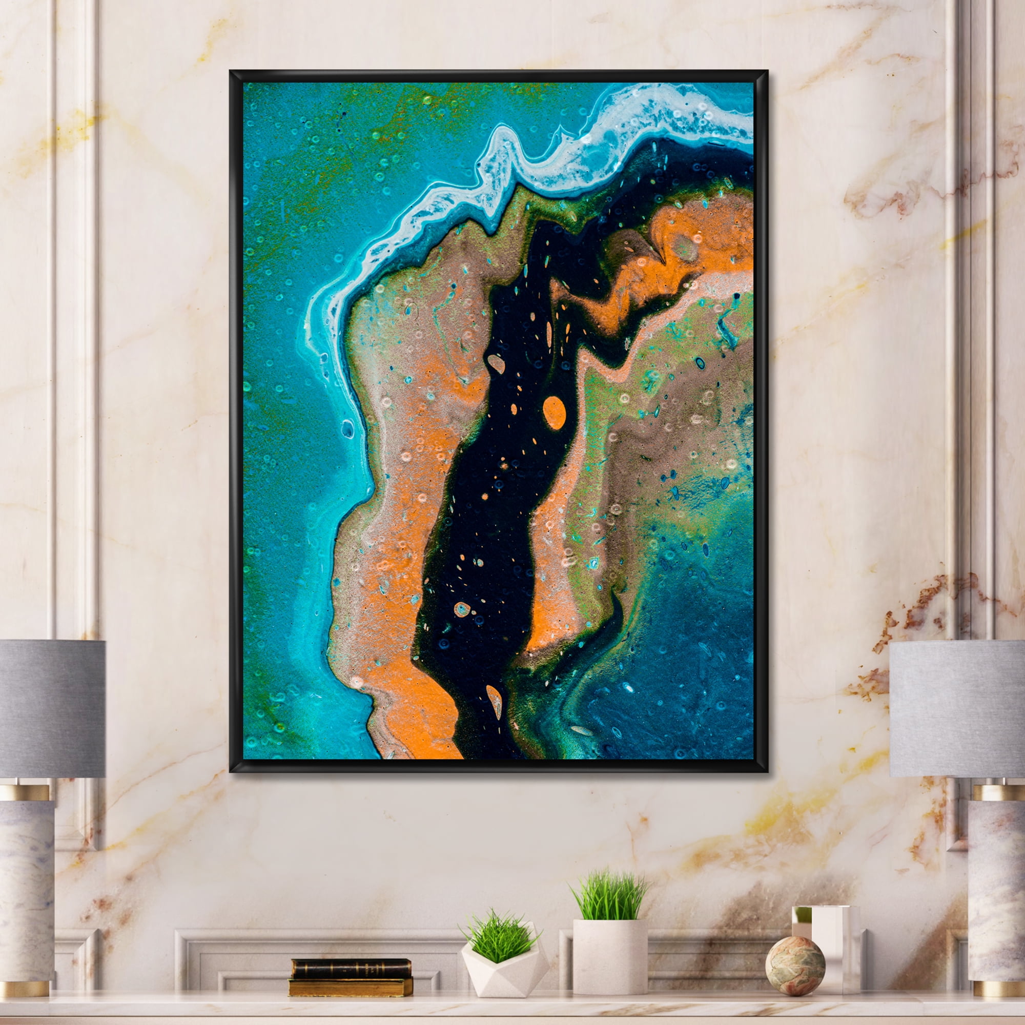 Designart 'Abstract Composition In Black and Orange' Modern Framed Canvas Wall Art Print