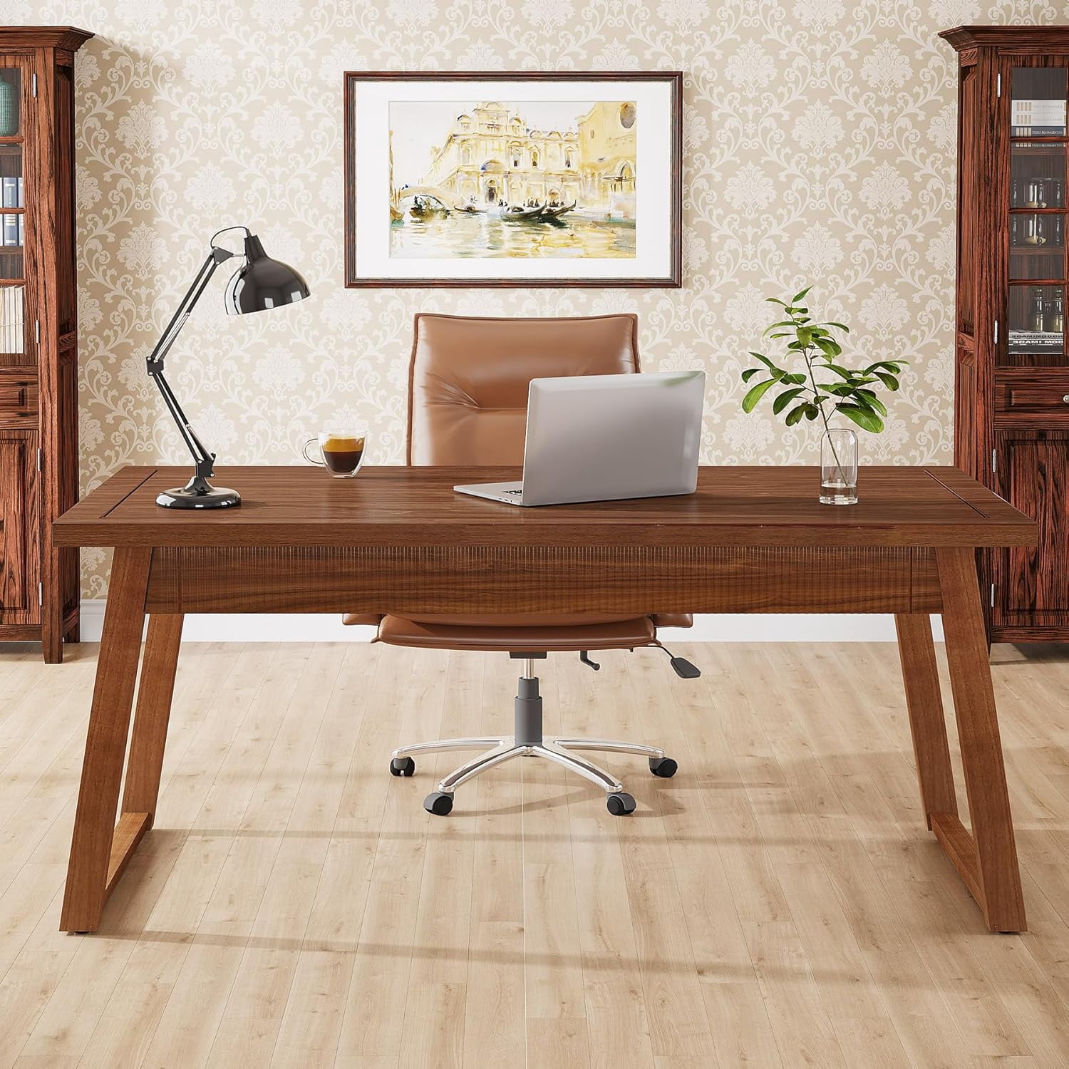 Finmind 55" Solid Wood Executive Desk with Drawer: Mid-Century Modern Writing Table
