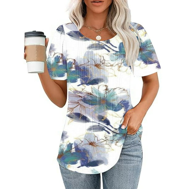 Fiudx Tops para Mujer Top Estampado con Cuello Redondo y Manga Corta Informal para Mujer a La Moda