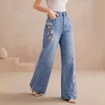 thumbnail image 2 of Women's High Waist Floral Embroidery Wide Leg Jeans Vintage Washed Straight Trousers for Spring Autumn Daily Commute, 2 of 6