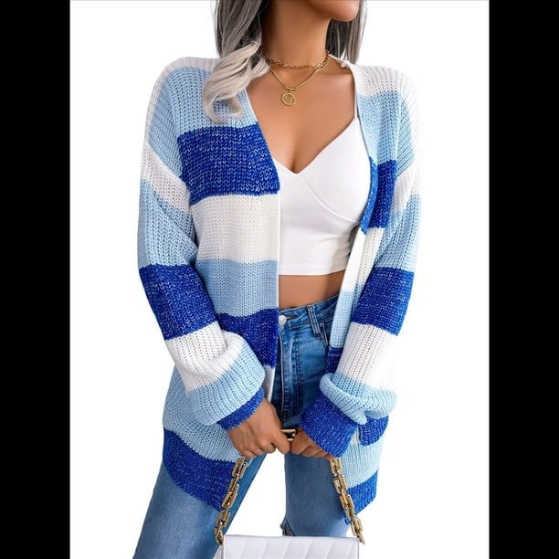 Cárdigan Informal de Punto con Mangas Largas y Abertura Frontal A Rayas para Mujer Azul M