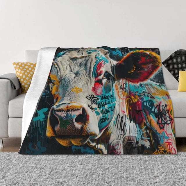 Balery Colorful Graffiti Cow Manta de Franela con Dibujo, Lujo Ultra Suave y Cálido, Antipelusa y Resistente a las Arrugas para Cama, Sofá, Camping -80"x60"