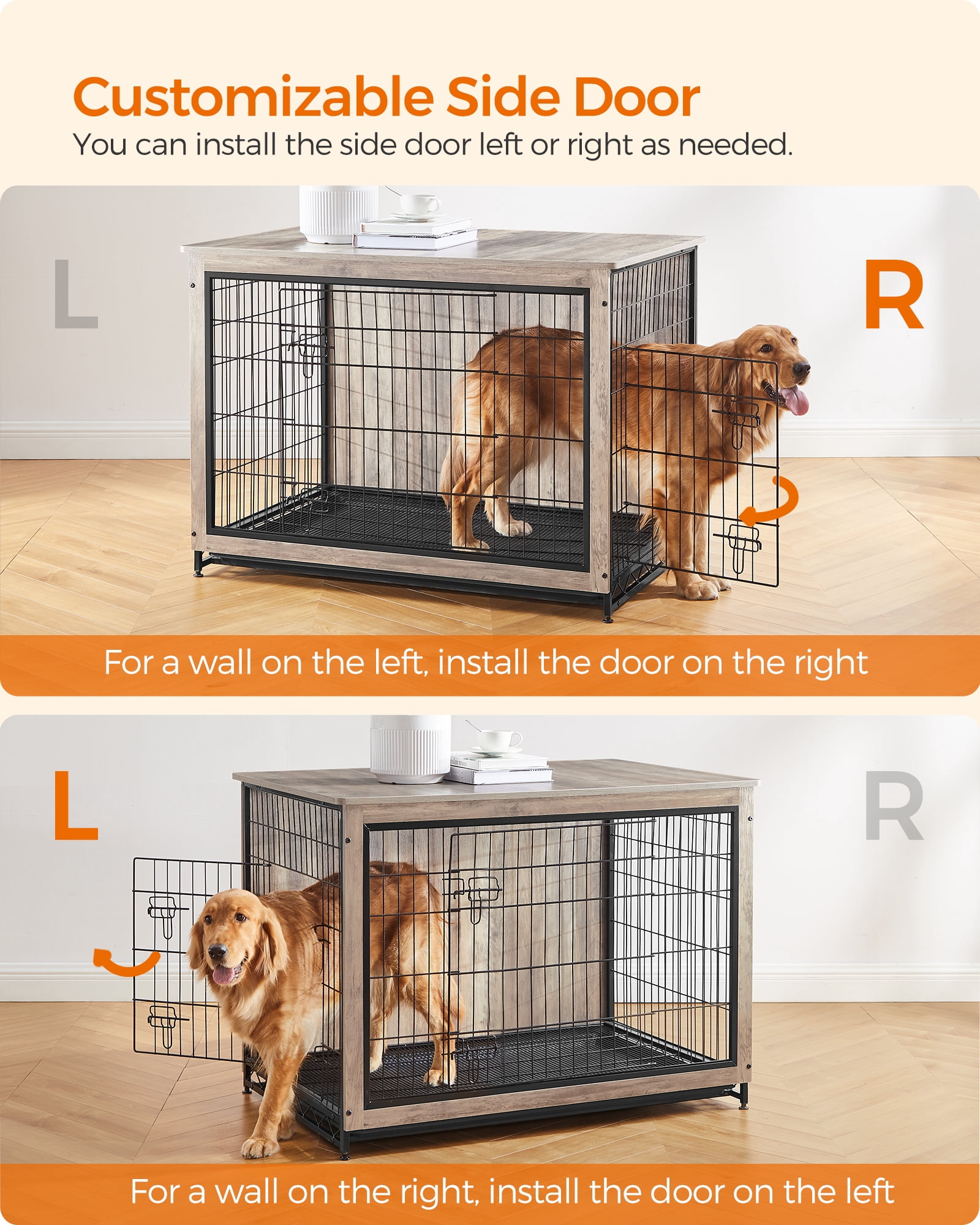 Wooden Dog Crate Furniture,Double-Doors Kennel for Dogs Indoor up to 80 lb, Removable Tray, End Table Dog Crate for Decoration 44.1"L x 29.5"W x 32.3"H, Greige