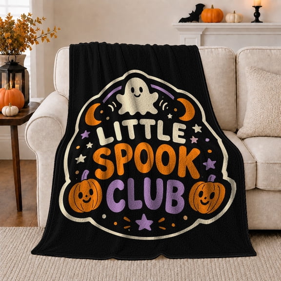 Little Spook Club Ghost Pumpkin Digital Print, Festive Halloween Scene, Warm Flannel Blanket for Living Room and Reading Nook, Art Lovers Halloween Gift, Festive Home Decor