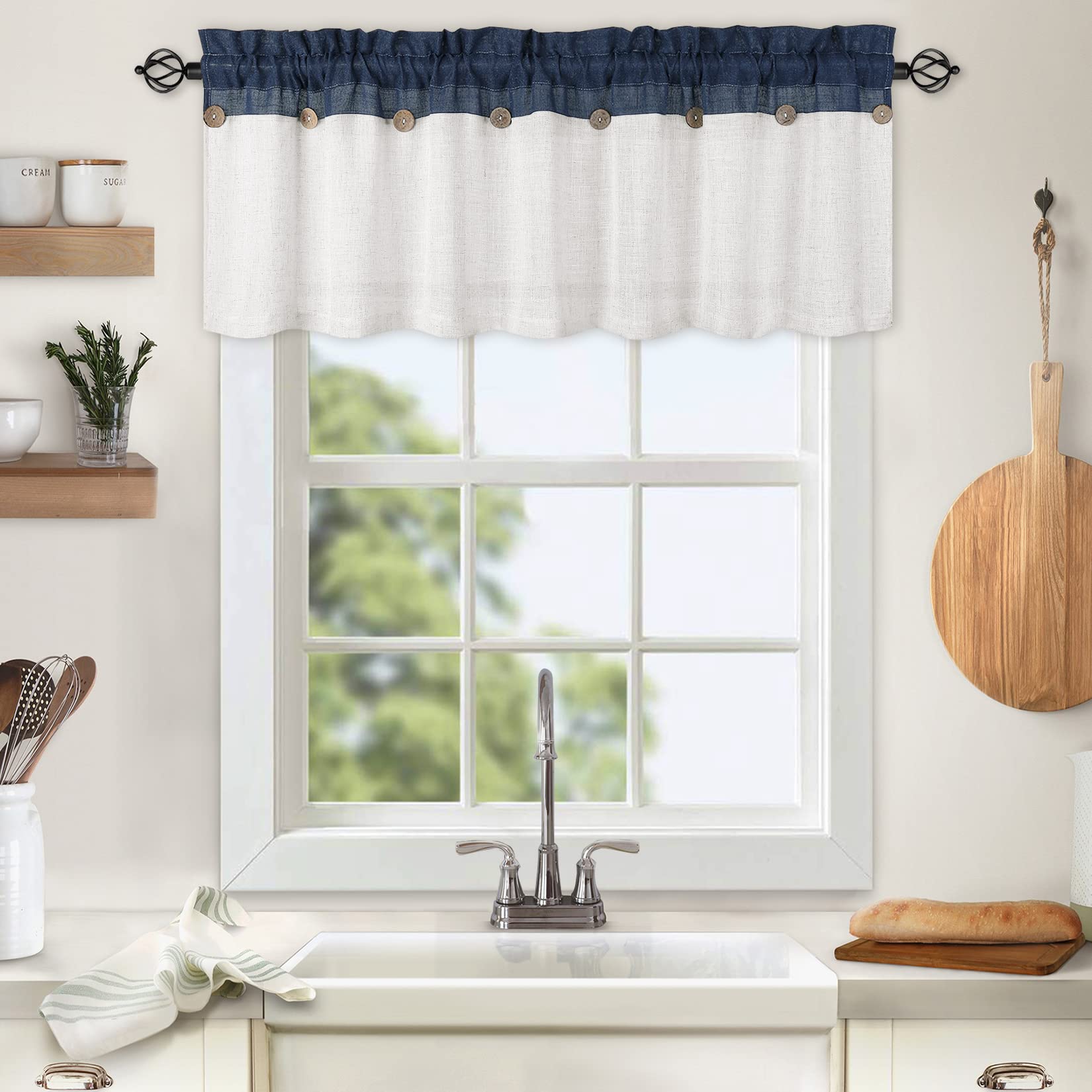 HAEMORE Window Valance Curtains for Kitchen, Linen Blend Rustic Button