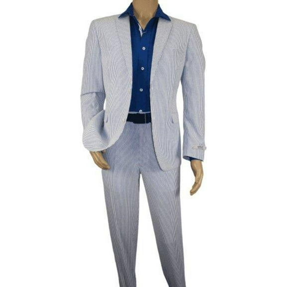 Men ADOLFO Seersucker Suit Stripe Casual Dressy Summer Suit 2 Button C622 Blue