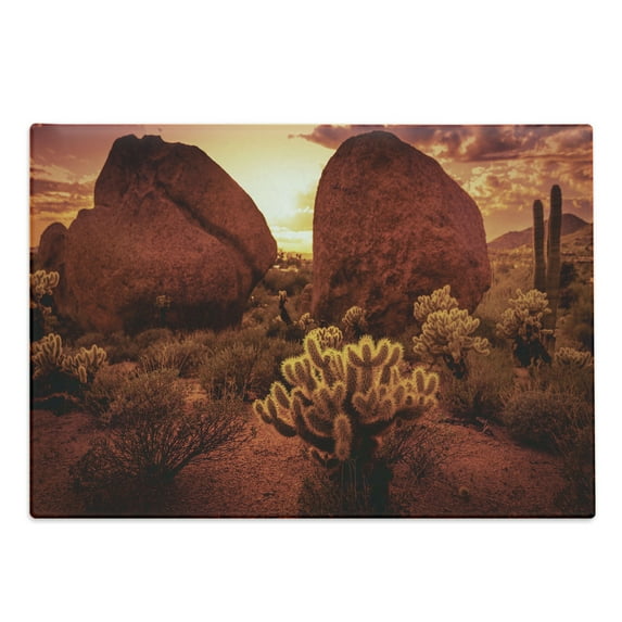 Saguaro Cutting Board, Dramatic Desert Scenery Like Burnt by Sun near Scottsdale Hot Rocks Serene Western Image, Decorative Tempered Glass Cutting and Serving Board, Large Size, Red, by Ambesonne