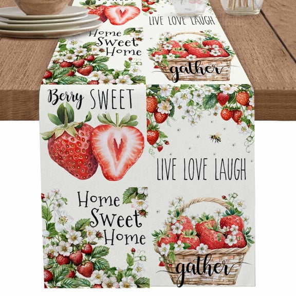 nqOlkjepod Strawberry Table Runner 36 Inches Long Farmhouse Dress Scarves, Summer Fruits Green Botanical Floral Dining Tablerunner for Coffee Table/Kitchen Island/Party Décor, Small 13" x 36"