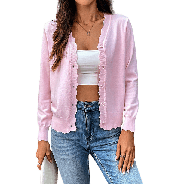 Suéter de Punto Tipo Cárdigan de Larga con Cuello en V y Botones para Mujer Rosa M