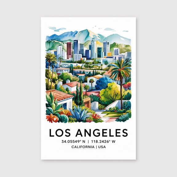 Los Angeles Watercolor Canvas Los Angeles Travel Print Canvas California Wall Art LA City Painting Los Angeles Decor-1WN5236