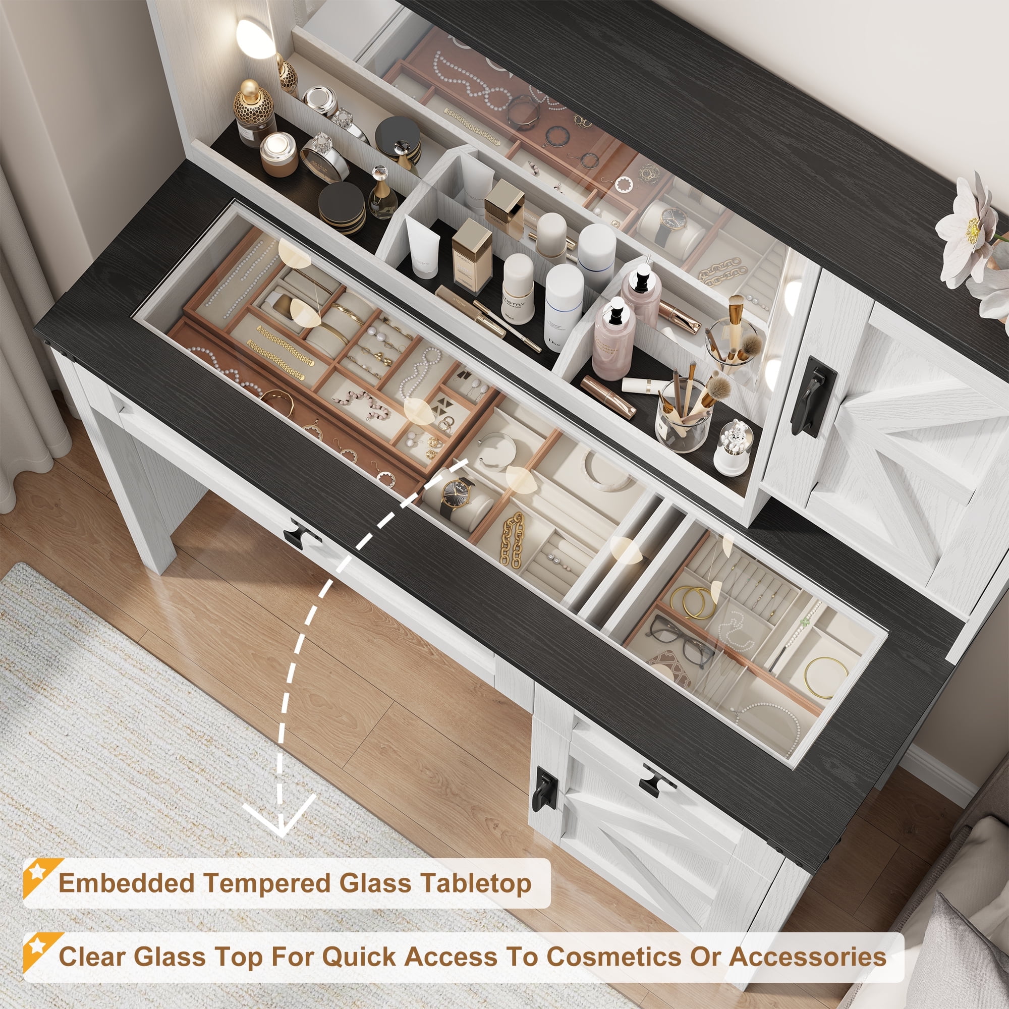 GIKPAL Vanity Set with Mirror & Lights, Get Ready Station Vanity with Storage Drawers & Glass Top, Farmhouse Vanity Desk with Power Strip, White