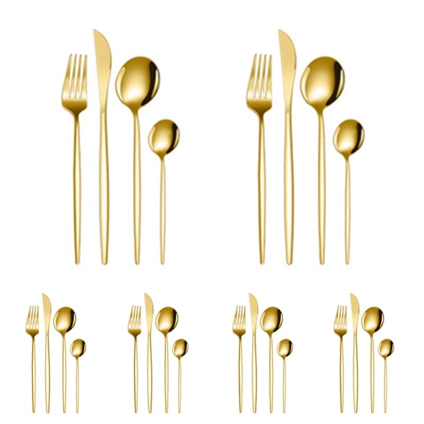 Juego de cubiertos dorados de 24 piezas, juego de cubiertos para 6, juego de cubiertos de acero inoxidable, incluye cucharas, tenedores y cuchillos, cubiertos de cocina para el hogar, la oficina, el