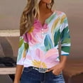 thumbnail image 2 of CYMMPU Summer Fall Fashion Tunic Tops Floral Printed 3/4 Length Sleeve Shirts V-Neck Basic Tees Vintage Business Work Blouses 2025 Clothes for Women Pink XL, 2 of 5