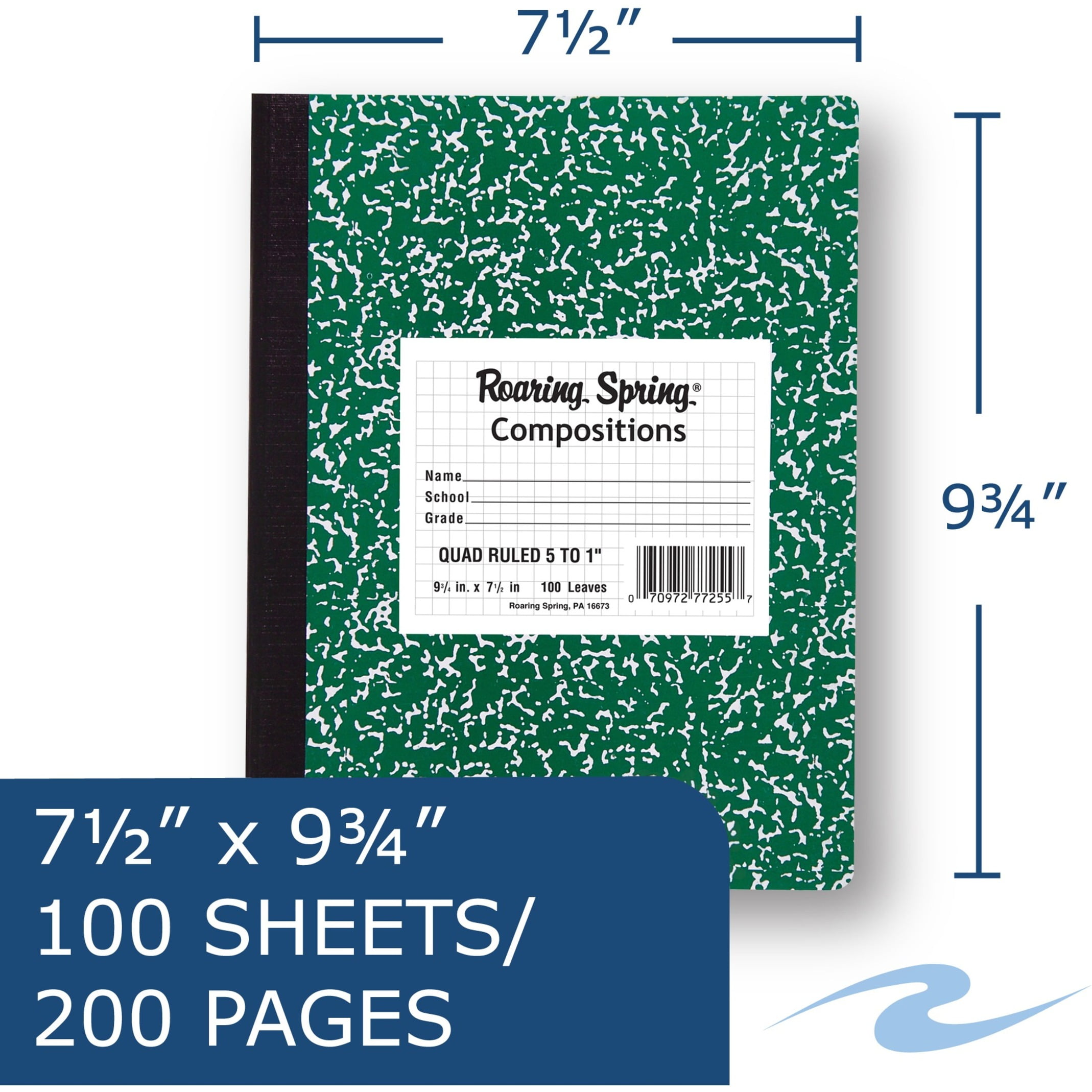 Roaring Spring Graph Ruled Hard Cover Composition Book, 1 Case (24 Total), 9.75" x 7.5" 100 Sheets, Green Marble Cover