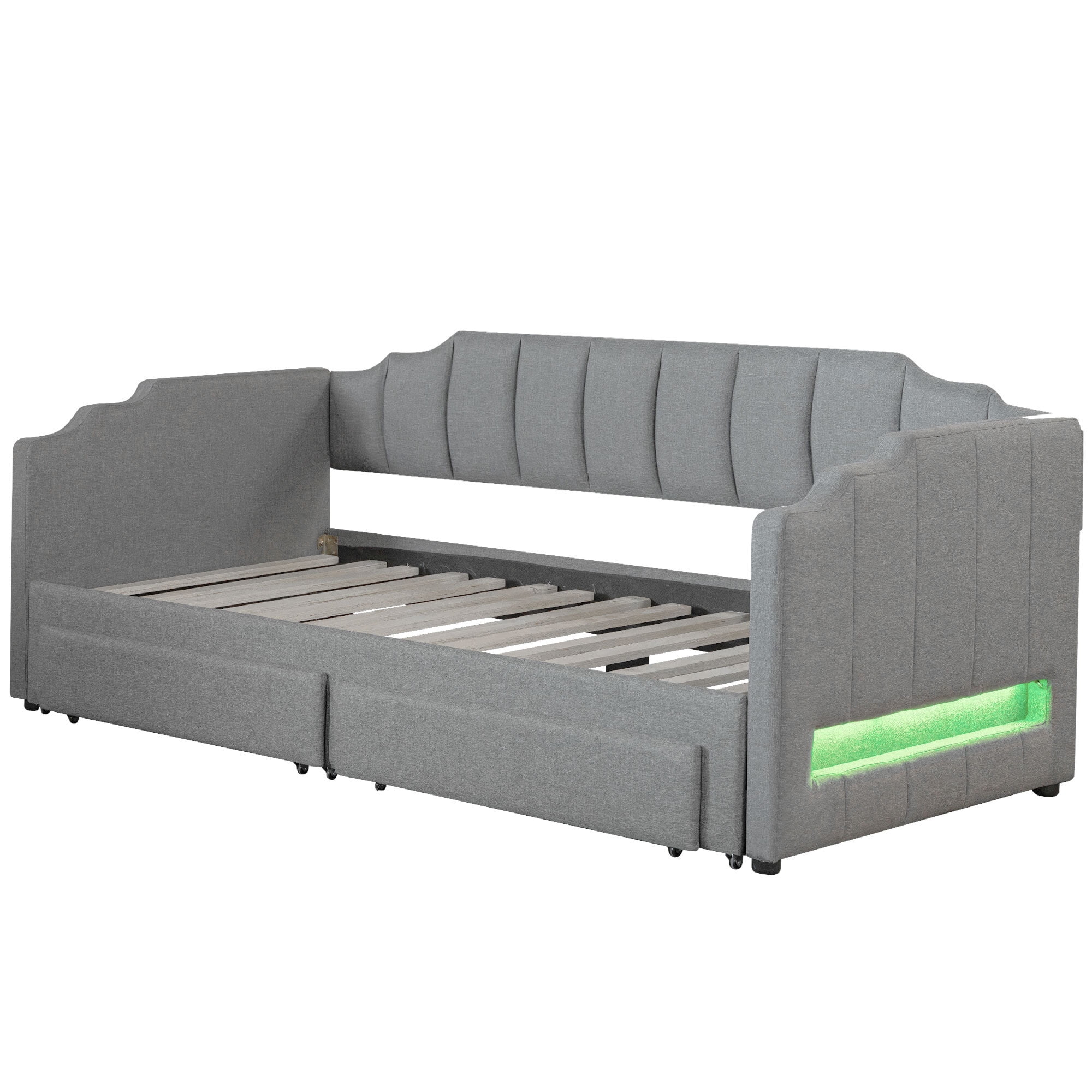 Euroco Upholstery Twin XL Extendable Daybed with Drawers & LED Lights, Convertible to King Size, Modern Beige Fabric, Multi-Functional Sleeper Sofa, Gray